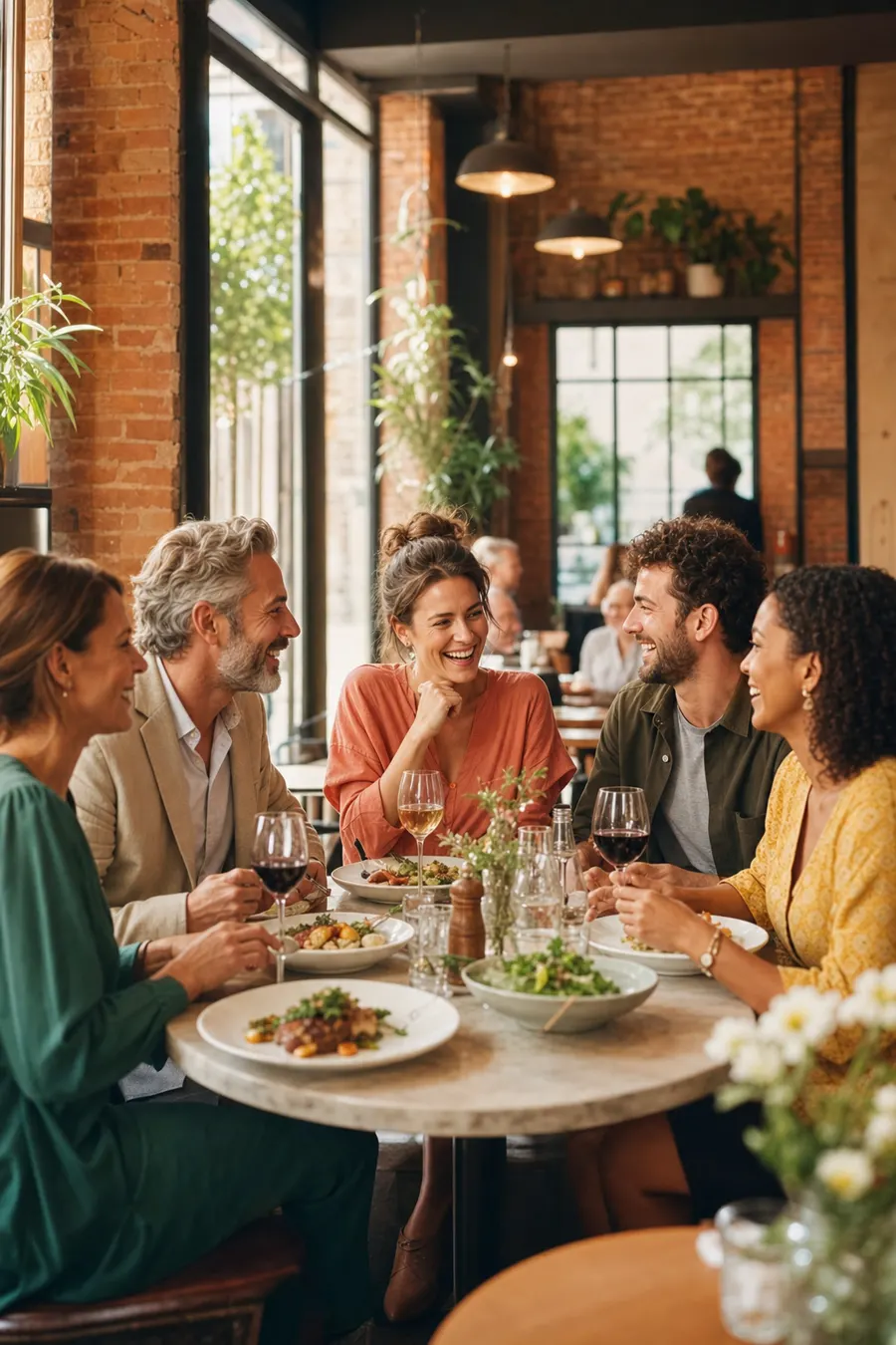 Cinq personnes souriantes autour d’une table de restaurant